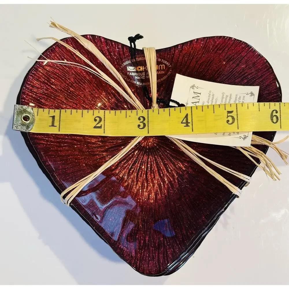 4 Akcam Red Glitter Glass Heart Appetizer Dessert Plate Dish Set Love Turkish